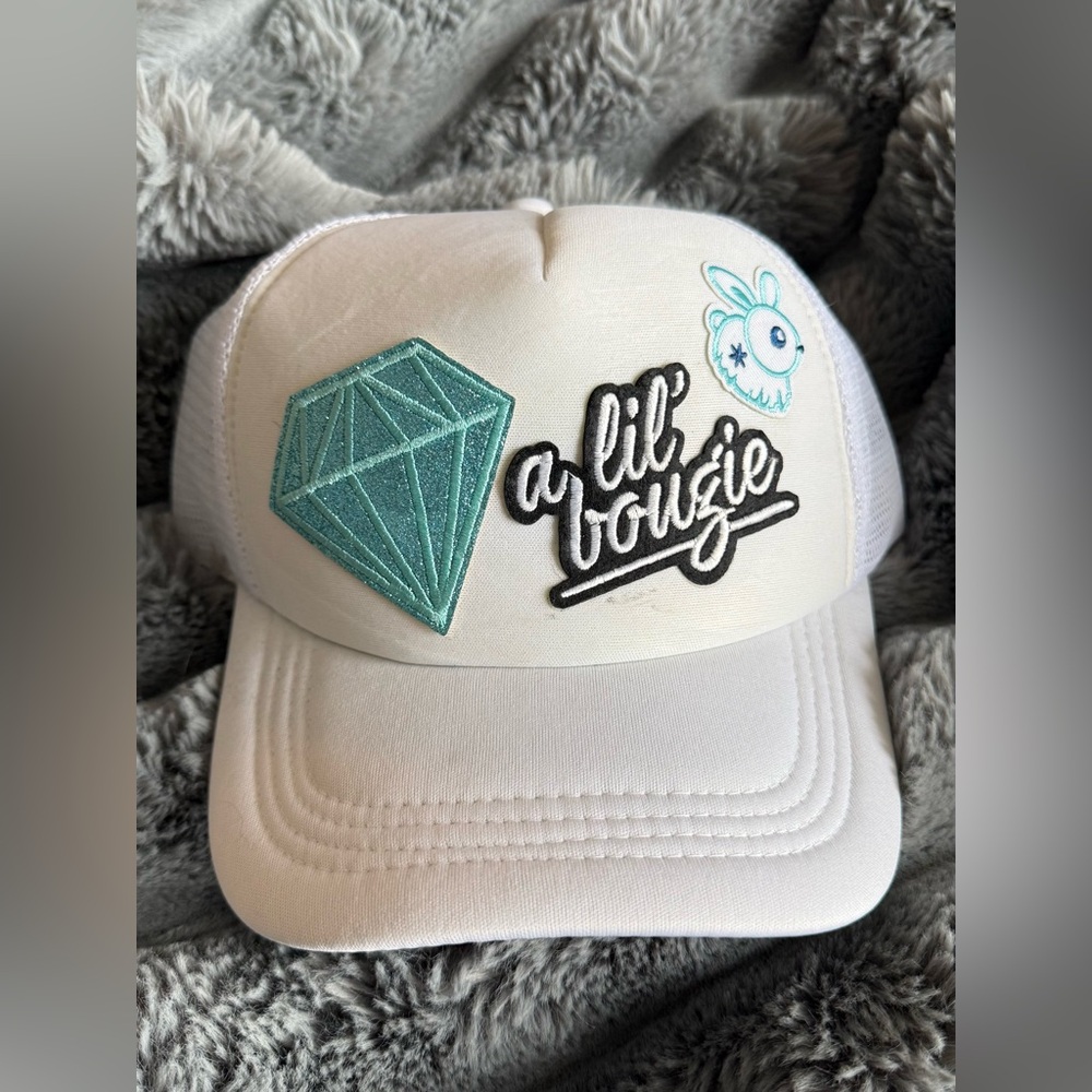 Custom Made Trucker Hat “ A ‘ Lil Bougie” White with Blue Bling